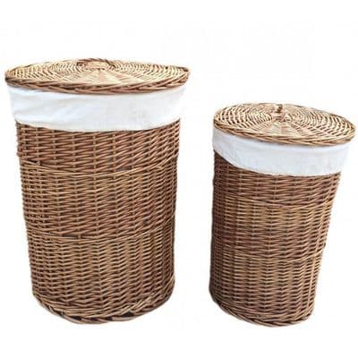 Cotswold Lined Willow Wicker Laundry Bin Baskets Pair Plain H 60 x W 46cm