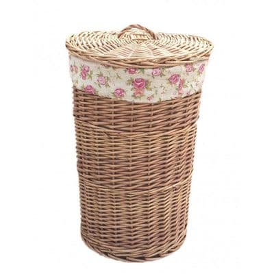 Cotswolds Lined Willow Wicker Laundry Bin Basket Vintage Rose Medium H 50 x W 33cm