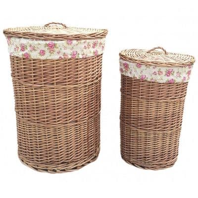 Cotswolds Lined Willow Wicker Laundry Bin Baskets Pair Vintage H 60 x W 46cm