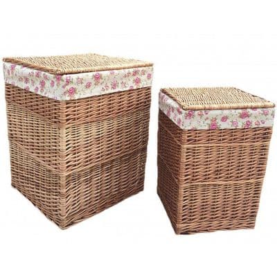 Cotswolds Vintage Rose Lined Willow Square Wicker Laundry Bin Baskets Pair H 61 x W 46cm