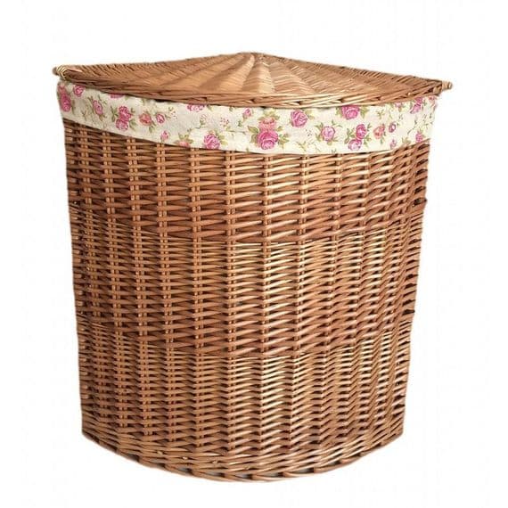 Cotswolds Vintage Rose Lined Willow Wicker Corner Laundry Bin Basket H 60 x W 46cm