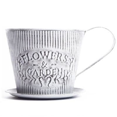 Distressed Metal 18cm Tea Cup Garden Flower & Plant Pot