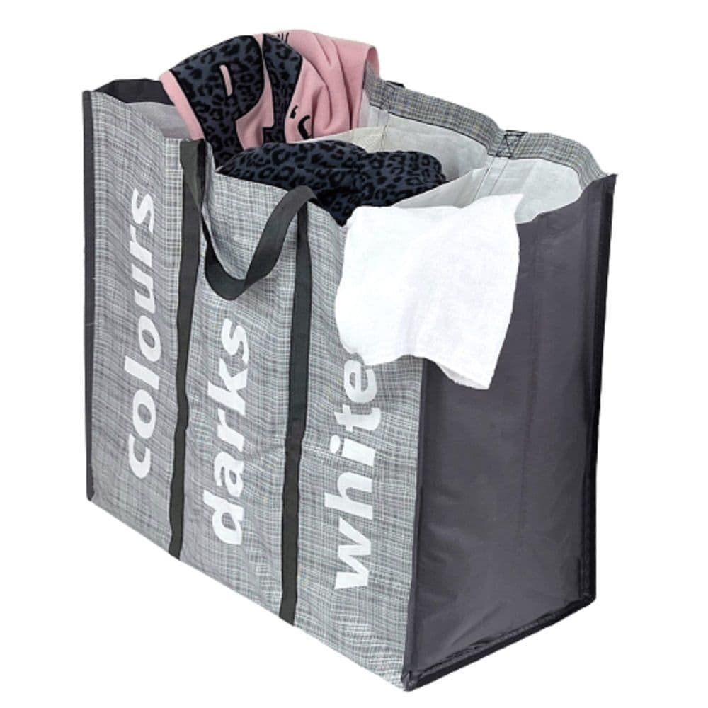 Grey 3 Section Divided Laundry Bag Bin & Carrier