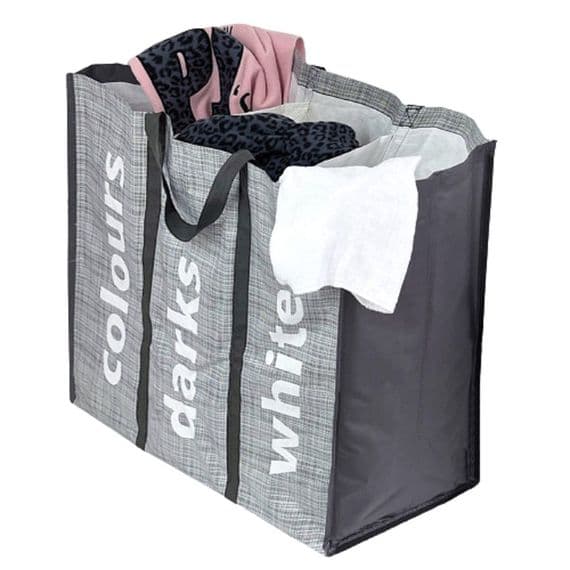 Grey 3 Section Divided  Laundry Bag Bin & Carrier
