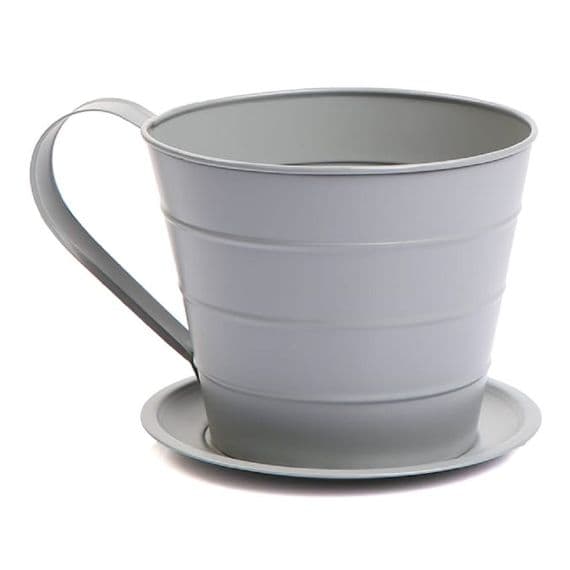 Grey Metal 18cm Tea Cup Garden Flower & Plant Pot