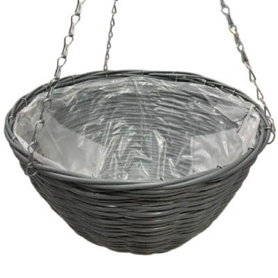 Grey Plastic Wicker Polyrattan Hanging Basket 35cm