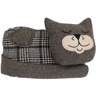 Grey Tweed Sleeping Cat Doorstop with Applique Heart