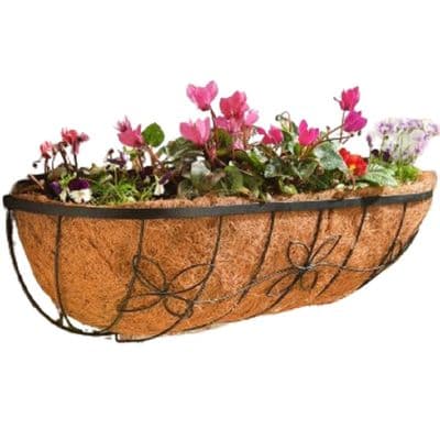 Long 60cm Decorative Black Metal Flower Wall Trough with Coir Liner