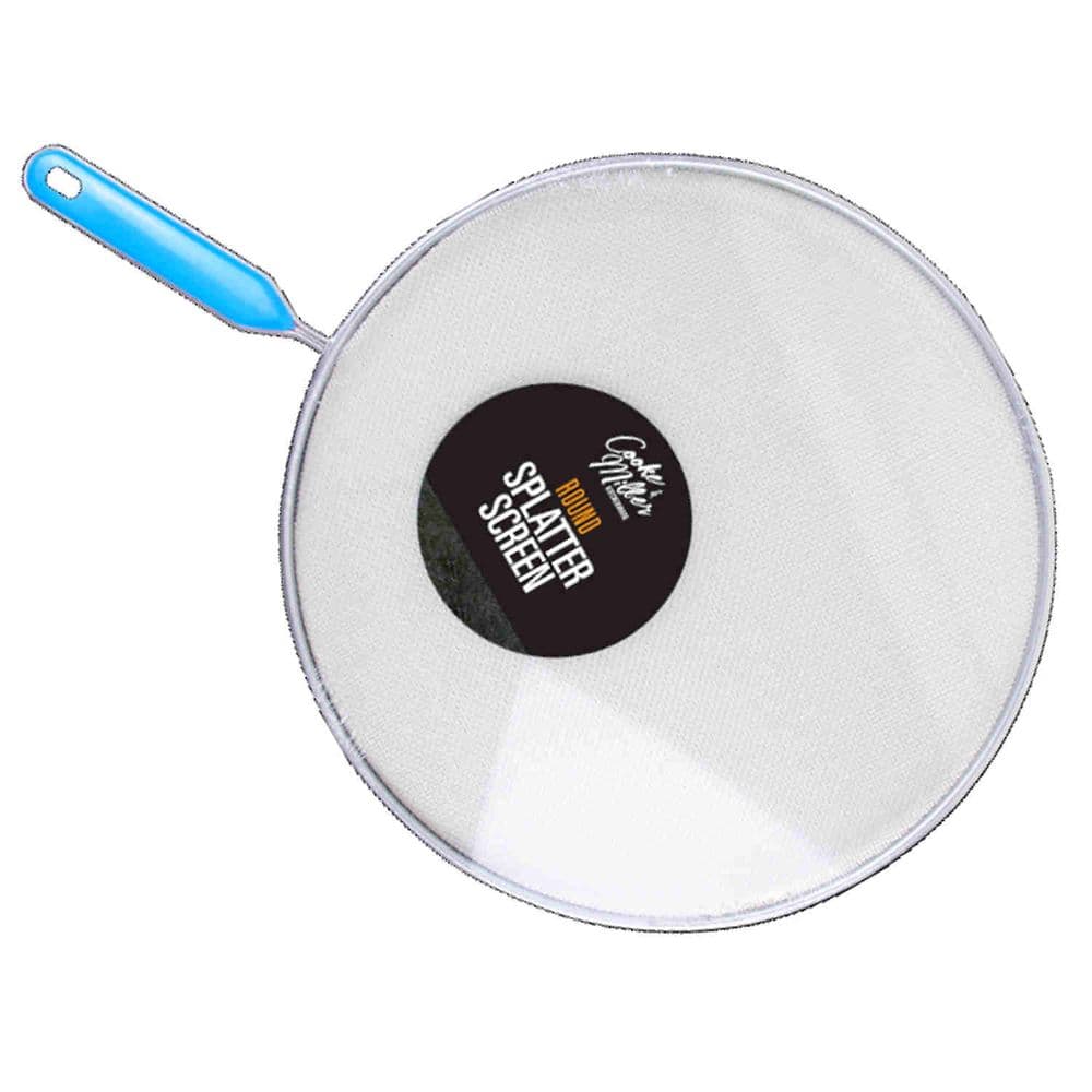 Metal Frying Pan Splatter Guard Screen Blue Handle