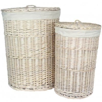 New England White Washed Round Wicker Laundry Bin Basket Plain Pair H 60 x W 46cm