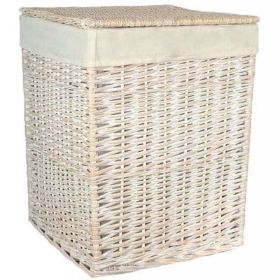 New England White Washed Square Wicker Laundry Bin Basket Plain Large H 61 x W 46cm