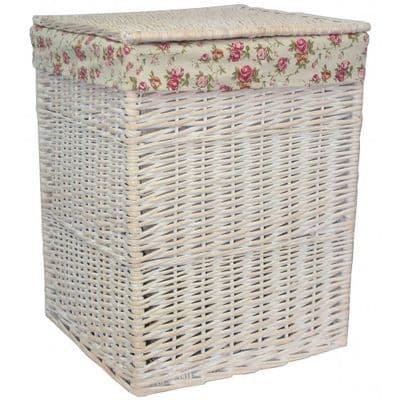 New England White Washed Square Wicker Laundry Bin Basket Vintage Large H 61 x W 46cm