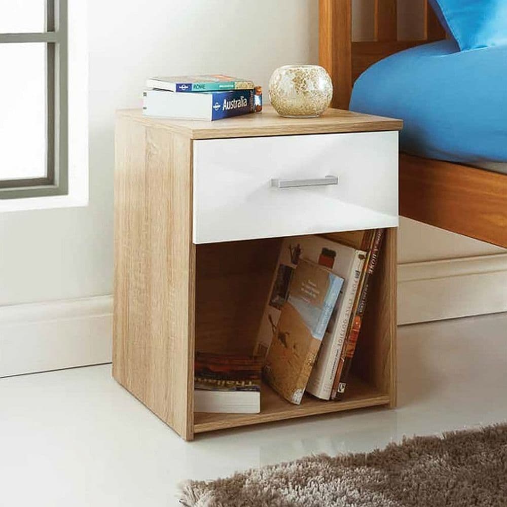 Oak Effect Bedside Table with White Drawer