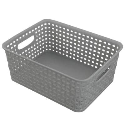 Small Grey Plastic Rattan Storage Organiser Basket 25x19cm