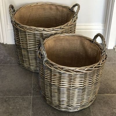 Suffolk 2 Nesting Straight Round Antique Wash Wicker Log  Baskets
