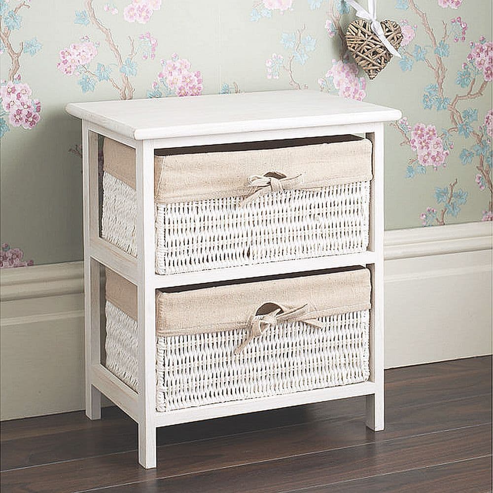 White 2 Wicker Basket Bedside Table Drawers