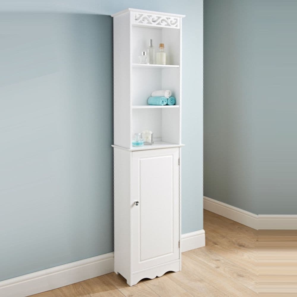 White Wooden Tall Narrow Bathroom Tallboy Shelves & Cupboard