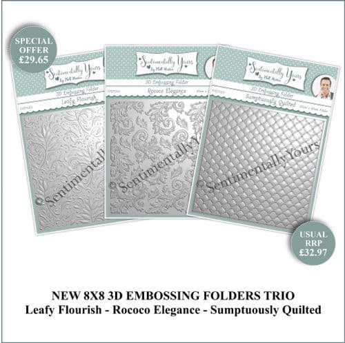3D 8x8 Embossing Folder Trio - Rococo Elegance, Leafy Flourish & Sumptuously Quilted
