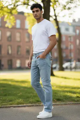 KAM Mens Stretch Slim Fit Jeans Light Wash Bleach Wash Denim Casual Wear W30-W40