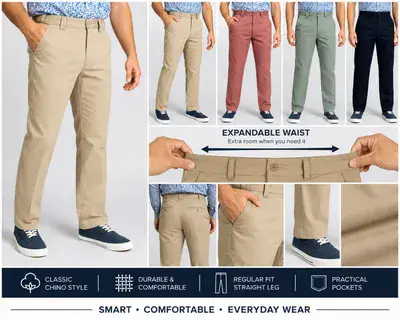 Men's Cotton Chino Trousers Expandable Self-Adjusting Side Elastic Waist 27