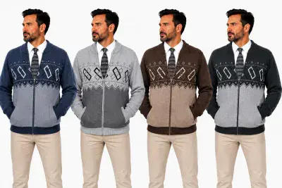 Men's Full Zip Pattern Cardigan Warm Grandad Knitted Jumper Casual S-XXL