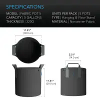 Ac Infinity Fabric Plant Pots  5 Gallon x 5