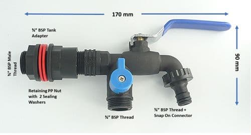3/4" Tank Adapter to Polypropylene cased Insulated brass lever tap with Twin outlets (1)