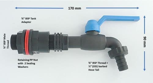 3/4" Tank / Water Butt / IBC Adapter to NYLON lever tap & 1/2" hose tail