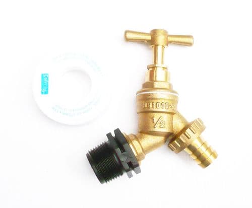 Brass Water Butt Tap to Polyprop 3/4" BSP Male Thead. C/W 1/2" Brass Hose Tail