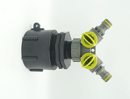Heavy Duty IBC Adapter to Twin 1/2" Snap on Push Fit Hose Connector. c/w ON/OFF Taps