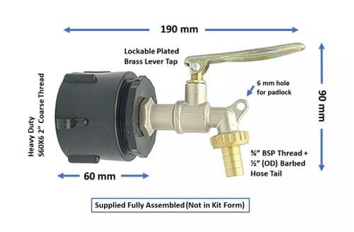 Heavy Duty IBC Cap (S60X6) to LOCKABLE Plated Brass Lever Tap. With 1/2" Hose Tail