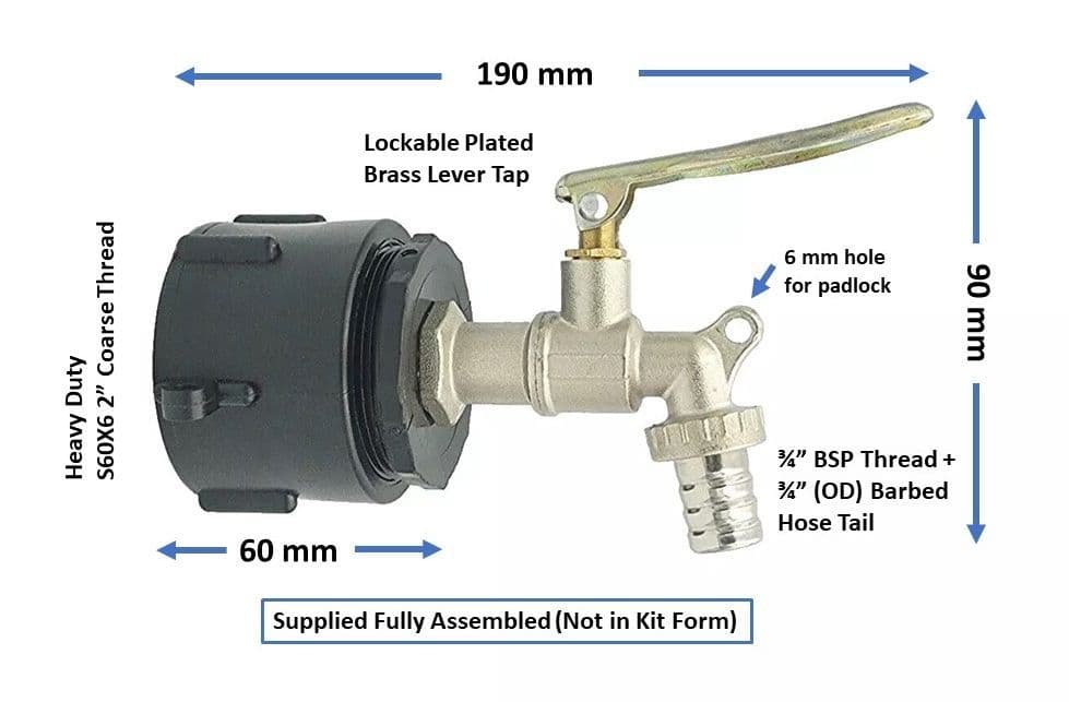 Lockable Level Tank Tap Heavy Duty IBC Cap S60X6 to LOCKABLE Plated Brass Lever Tap With 3/4 ...