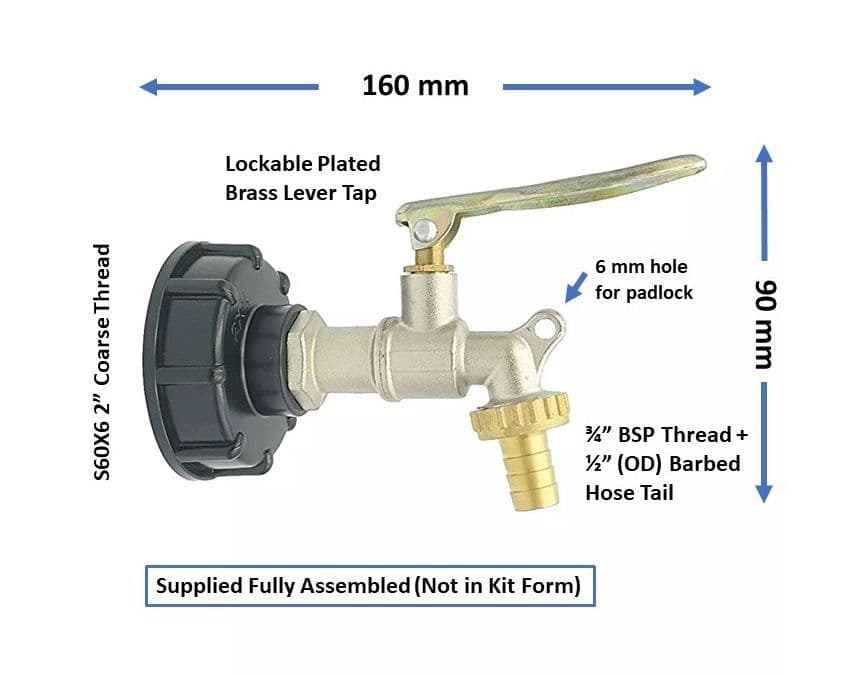 Lockable Level Tank Tap IBC Adapter Cap S60X6 to LOCKABLE Plated Brass Lever Tap With 1/2