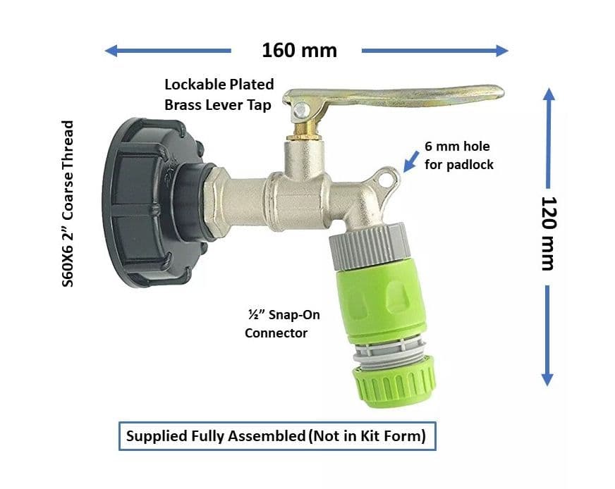 Lockable Level Tank Tap IBC Adapter Cap S60X6 to LOCKABLE Plated Brass Lever Tap With 1/2