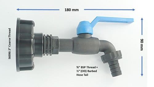 IBC CAP (S60X6 Coarse Thread) and 1/2" NYLON LEVER TAP to 1/2" hose tai