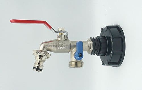 IBC CAP (S60X6) to NICKEL PLATED BRASS LEVER TAP with DOUBLE outlet. c/w snap on connector