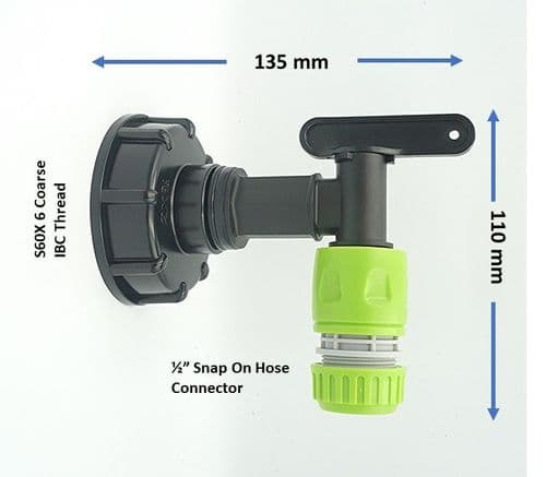 IBC Cap (S60X6) to Water Butt tap & 1/2" Snap On Hose Connector