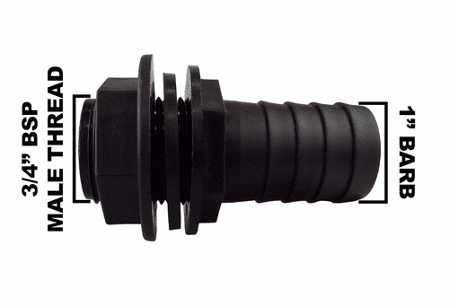IBC tank/water tank outlet to 1" barbed hose tail, waterbutt overflow connector. SOLD AS A PACK OF 2