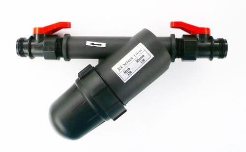 In-Line Bottle Type Water Filter. 120 Mesh. 130 Micron. In-line On/Off valves 3/4" BSP male threads