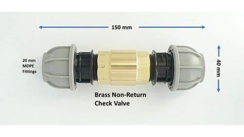 IN LINE BRASS SPRING CHECK NON RETURN VALVE WITH HEAVY DUTY MDPE FITTINGS