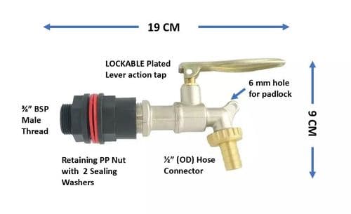 LOCKABLE Plated Brass Lever tap & 3/4" BSP tank adapter. With 1/2" Hose tail.