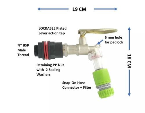 LOCKABLE Plated Brass Lever tap & 3/4" BSP tank adapter. With 1/2" Snap-On hose connector & Filter