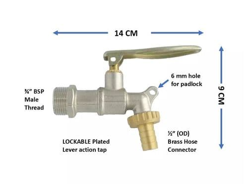 LOCKABLE Plated Brass Lever Tap. 1/2" barbed hose tail & 3/4" BSP inlet thread