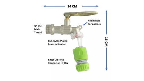 LOCKABLE Plated Brass Lever Tap. 1/2" Snap On hose connectors, Filter & 3/4" BSP inlet thread