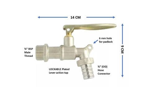 LOCKABLE Plated Brass Lever Tap. 3/4" barbed hose tail & 3/4" BSP inlet thread