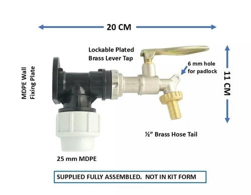 MDPE Compression Wall Plate (25mm) to LOCKABLE Brass Lever Tap. 1/2" hose tail.