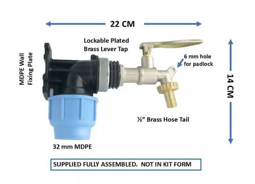 MDPE Compression Wall Plate (32mm) to LOCKABLE Brass Lever Tap. 1/2" hose tail.