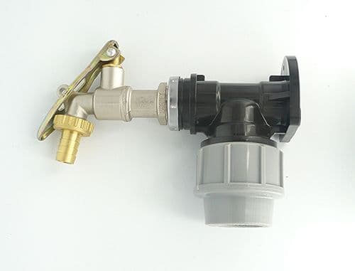 MDPE Compression Wall Plate (32mm) to LOCKABLE Brass Lever Tap. 1/2" hose tail.