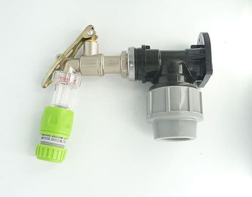 MDPE Compression Wall Plate (32mm) to LOCKABLE Brass Lever Tap. 1/2" Snap-On Connectors & Filter
