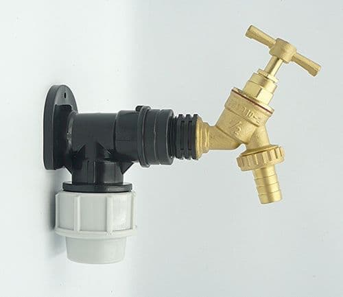 MDPE Compression Wall Plate Elbow (25mm) with 1/2" Brass Bib Tap & Hose Tail